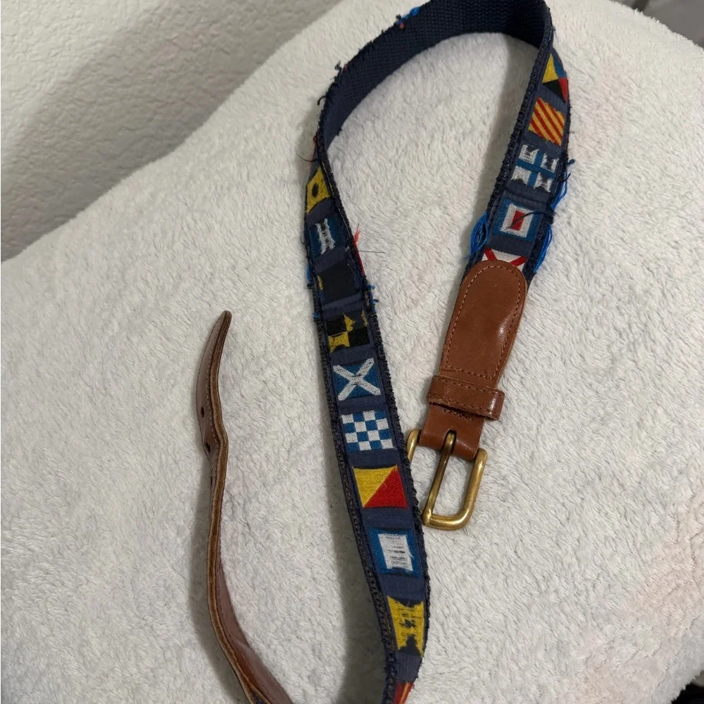 Preston Brand blue 'country flags' belt with leather ends, 37